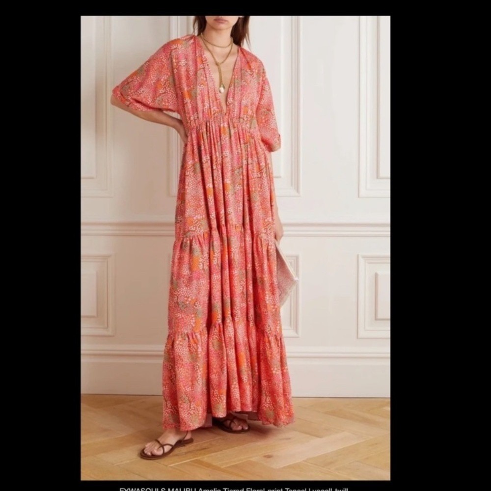 EYWASOULS MALIBU - Amelia tiered floral-print maxi dress XS/S pink boho‎ cottage